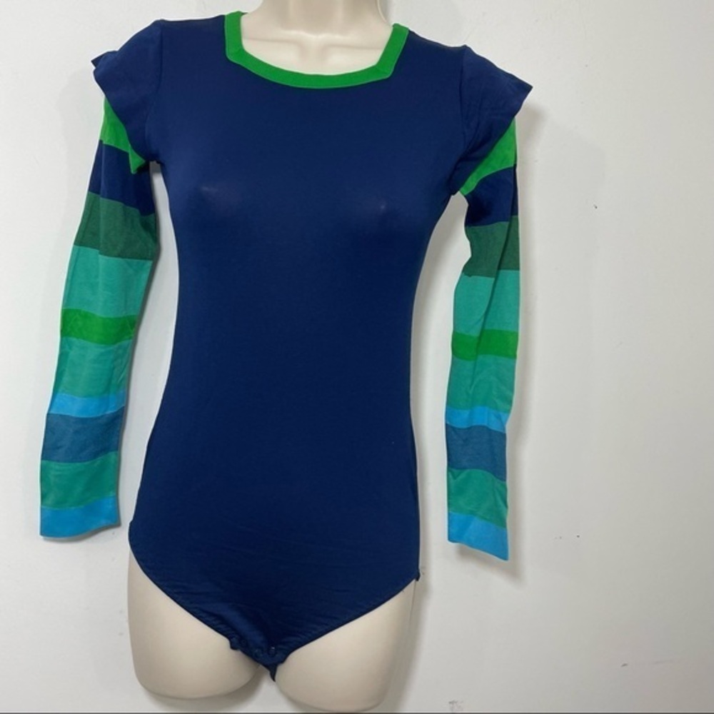 Vintage Danskin Womens Medium Navy Striped Long Sleeve Leotard Dance Gymnastics
